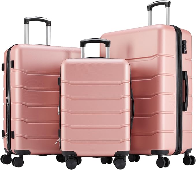 Sweetcrispy 3 Piece Luggage Set, Hard Shell ABS Travel Suitcase with Silent Spinner Wheels, TSA Combination Lock, Lightweight Rolling Suitcases for Business Trip Vacation, Pink, 20/24/28 Inch