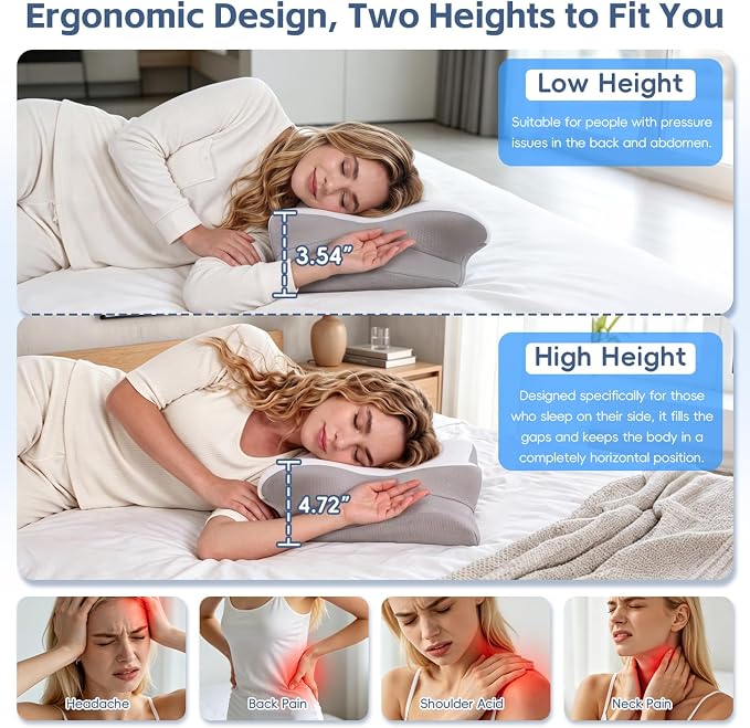 Cervical Neck Pillow, Memory Foam Pillows for Neck and Shoulder Pain Relief, 2 Heights Ergonomic Pillow with Breathable Ice Silk Cover, Neck Support Pillow for Side Sleepers White