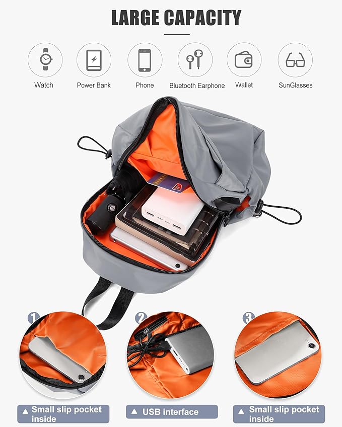 SEAFEW Small Sling Crossbody Backpack for Men Women, Lightweight Shoulder Chest Bag One Strap Back Pack for Hiking Walking Biking Travel Cycling USB Charger Port-Nylon, Grey