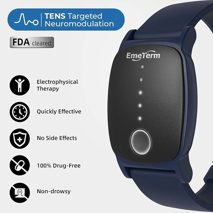 EmeTerm Explore FDA-Cleared Anti-Nausea Wristband IP67 Waterproof Morning Motion Travel Sickness Relief Classic Strap Design (Navy Blue-Extra 2pack Conductive Gel)