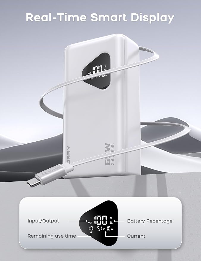 RORRY Laptop Power Bank, 25000mAh 65W Portable Laptop Charger Battery Bank PD Fast Charger Built in Retractable Cables, for iPhone 17/16/15 Series, MacBook, Samsung, Dell, XPS, iPad, Steam Deck, White