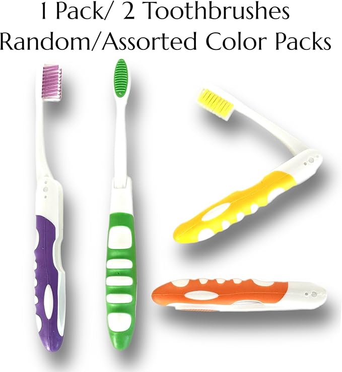 Pack of 2pc Comfort Hold Travel Toothbrush On The Go Folding Medium Bristle Brushes Compact Size Ergonomic Foldable Tooth Brush Camping Gym School Locker Backpack TSA Approved - Assorted Colors