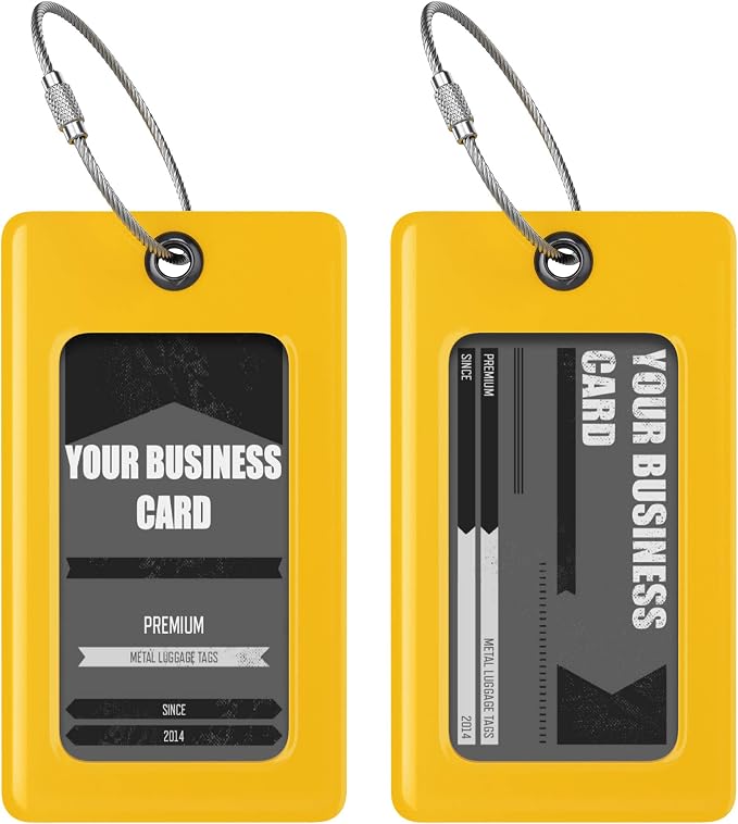 Luggage Tags Business Card Holder by TUFFTAAG - Flexible PVC Travel ID Bag Tag, Yellow, 2 Pack