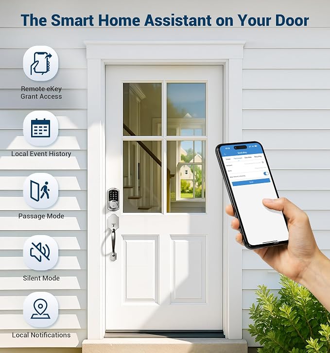 Veise VE06-H Smart Front Door Lock Set, App Control, Keyless Entry Deadbolt with Lever Handle, Electronic Digital Touchscreen Keypad, Auto Lock, Easy Install, Satin Nickel