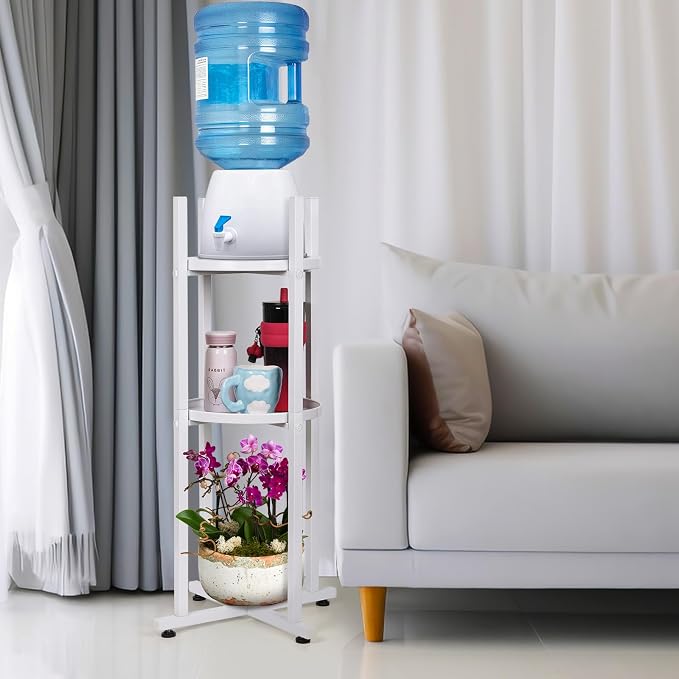 Water Dispenser Stand 5 Gallon Water Jug Stand Sturdy Water Stand(32.8" H-11.2" W) Water Jug Stand with 2 Round Shelfs for 1-5 Gallon Water Bottles/Crocks, Water Jug and Plant Stand (White)