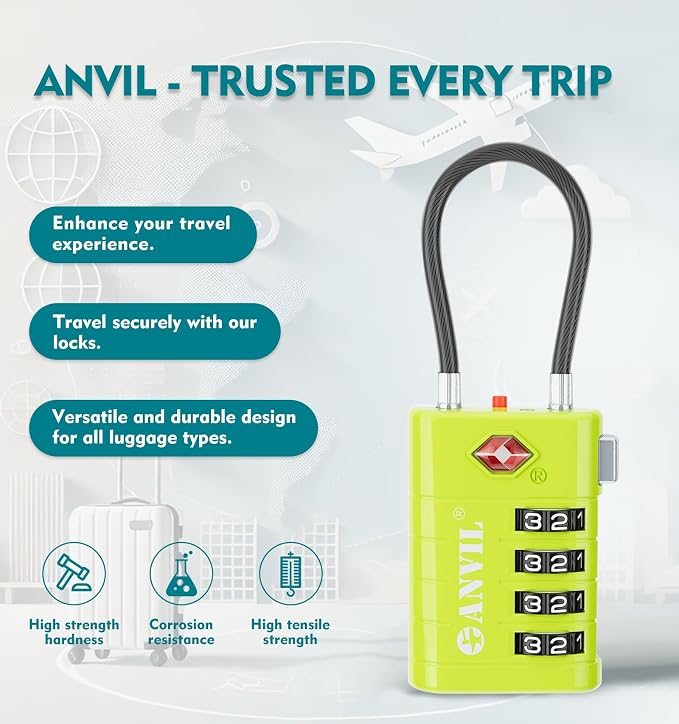 ANVIL TSA Approved Luggage Locks with Search Alert Indicator, 4-Digit Combination Suitcase Lock, Advanced TSA008 Core Heavy Duty Anti-Theft Travel Lock for Double Zippers, Backpacks