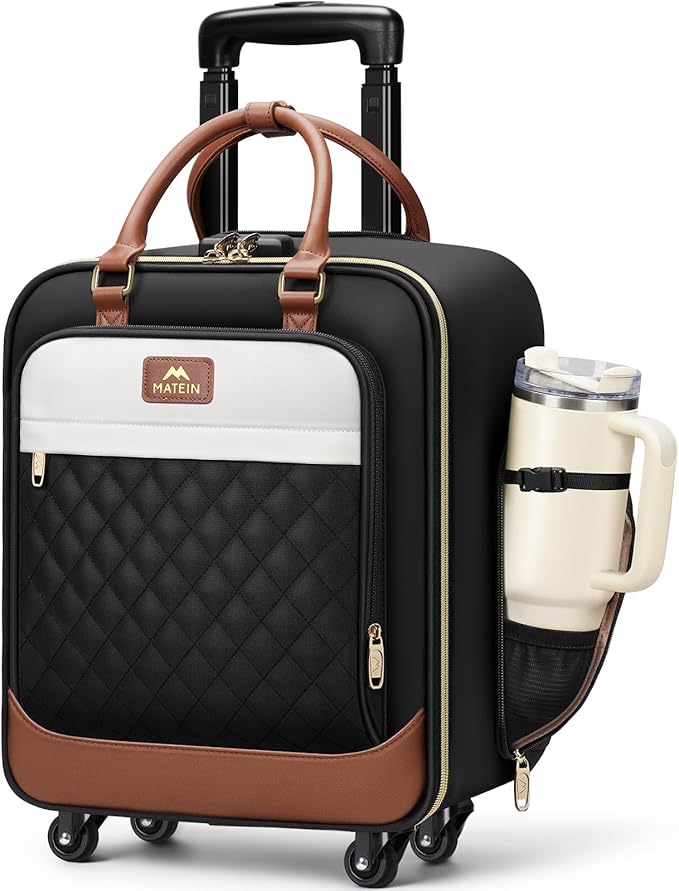 MATEIN Underseat Carry On Luggage with Spinner Wheels, 16 Inch Rolling Laptop Bag Women, Wheeled Briefcase 18x14x8 Personal Item Travel Bag, Small Airline Approved Roller Suitcase for Travel Work