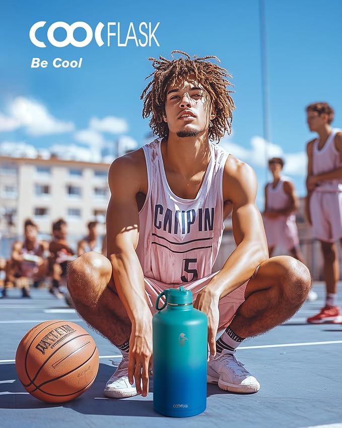 Coolflask 128 oz Gallon Water Bottle Insulated with Straw&3 Lids, Water Jug Large Stainless Steel Metal Vacuum Wide Mouth for Sports, Gym or Office, Non-BPA Keep Cold 48H Hot 24H, Indigo Blue