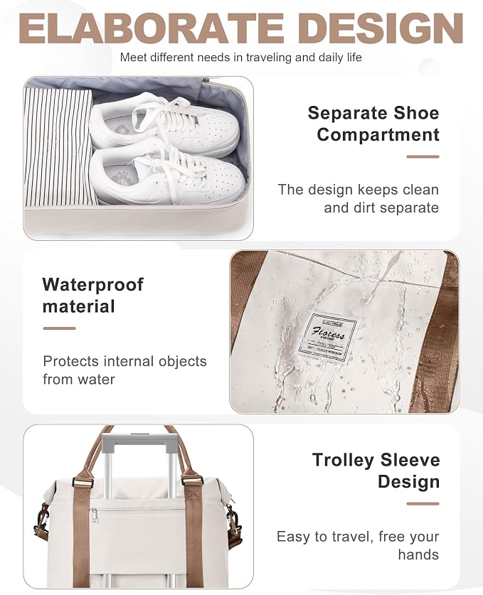 Travel Duffel Bag, 18x14x8 Inches Travel Bag Spirit with Shoes Compartment, Weekender Overnight Bag for Women with Trolley Sleeve, Carry On Bag for Airplanes Sport Tote Gym Bag BeigeBrown