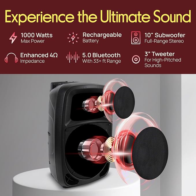 Pyle PSBT105A - 1000W Portable Bluetooth PA Speaker, 10'' Subwoofer, UHF Wireless Mic, MP3/USB/SD, Rechargeable Battery, LED Battery Indicator Lights, Black