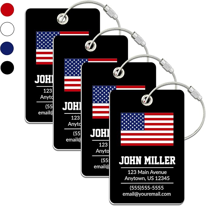 Personalized Luggage Tag with American Flag | 4 Pack | Custom Luggage Tags for Suitcases | Kids Backpack Tag | 4 Color Options & Choose Font, Font Color