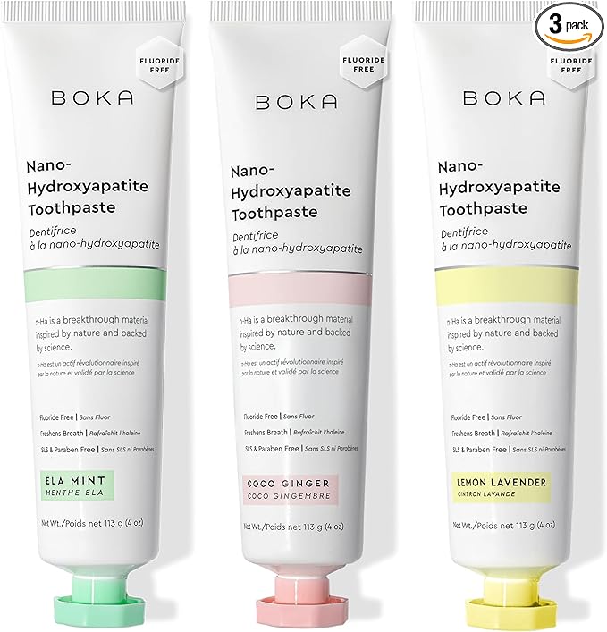 Boka Fluoride Free Toothpaste, Nano Hydroxyapatite Toothpaste, Appropriate for Sensitive Teeth - for Adult Oral Care - Ela Mint, Coco Ginger, Lemon Lavender Flavor, 4 Fl Oz 3Pk US Manufactured