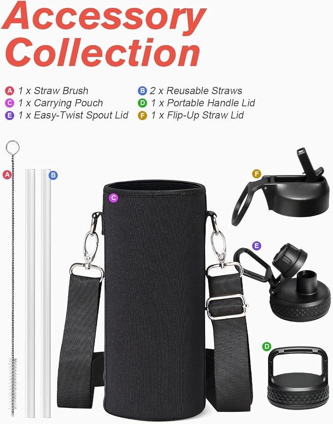 Water Bottle 40 oz Insulated with Straw&Brush, Coolflask Vaccum Stainless Steel Metal 3 Lids Water Flask for Sports, Gym or Office, Keep Cold 48H Hot 24H, Piano Night