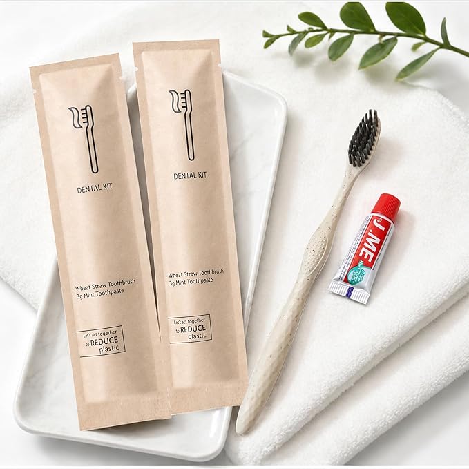 50 Sets Disposable Toothbrushes with Toothpaste (3g) Kit, Individually Wrapped Soft Bristle Travel Toothbrush,Wheat Straw Handle,Bulk for Hotel,Homeless,Nursing Home,Charity,Camping.