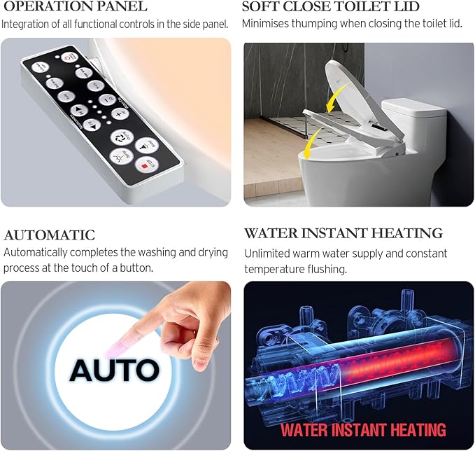 XCQQ Electric Heated Bidet Toilet Seat with Warm Water Wash, Warm Air Dryer, Soft Closed Lid, Night Light, LED Display, Toilet Seat with Bidet Requires Outlet - Round