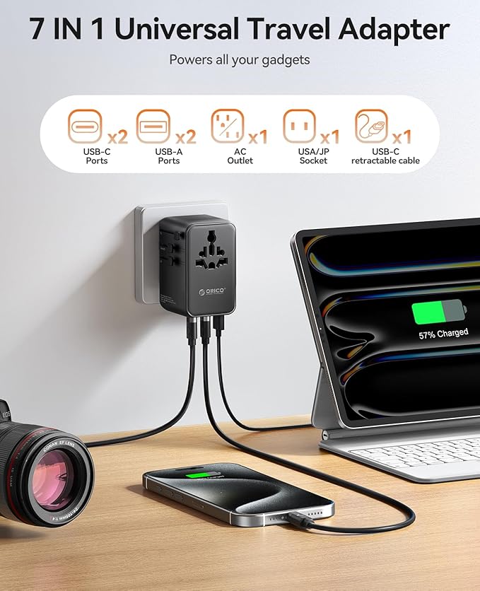 ORICO 100W Universal Travel Adapter with 2 AC Outlets and 3 USB-C and 2 USB-A Ports, Built-in Retractable USB-C Cable, Type A, C, G, I Outlets, International Travel Adapter for Global Travel
