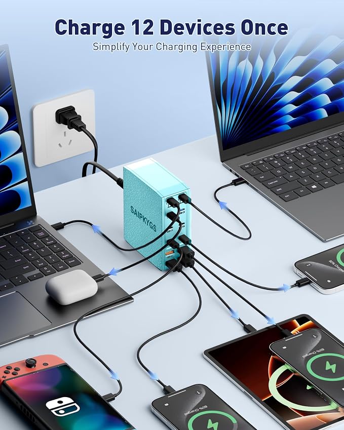 USB Charging Station (1000W),12-Port USB C Charger Block with Dual 100W PD USB-C Fast Charging Station Hub for MacBook Pro/Air/All iPad Phone 17/16 15/14/13/Pro Max/Samsung Galaxy Note(Green)