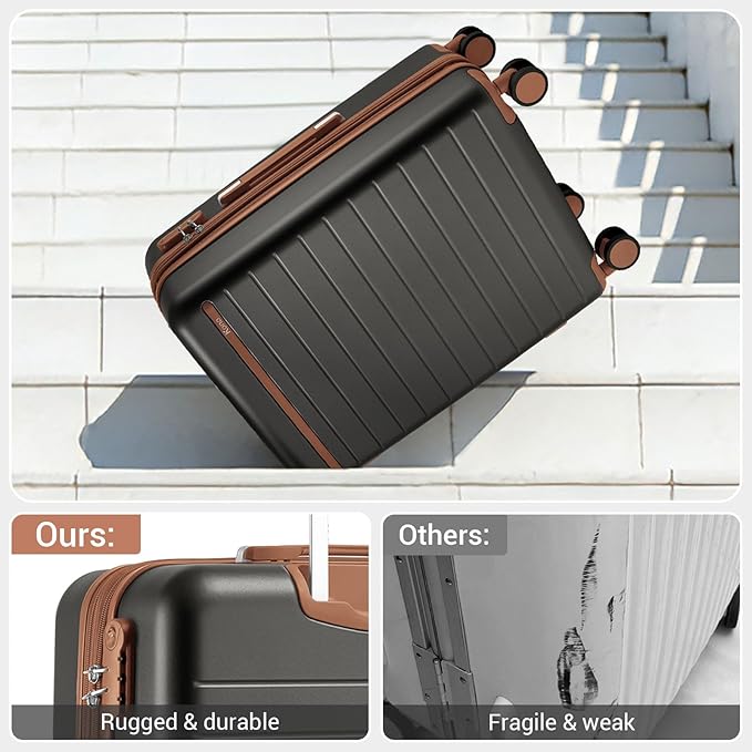 Kono 24 Inch Check In Suitcase Expandable Luggage, Business Travel Suitcase for 5-7 Days, Durable ABS+PC Hardshell with Side Handles & Kick Plates, Double Spinner Silent Wheels, Grey/Brown