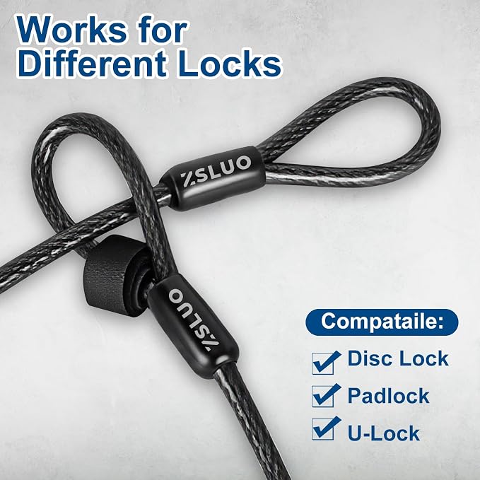 30FT Security Steel Cable with Loops, 3/8 inch (10 mm) Thick Heavy Duty Vinyl Coated Braided Lock Cable, Cut Resistant & Weatherproof Anti Theft Wire Cable for U-Locks and Padlocks(20/30/40 ft)