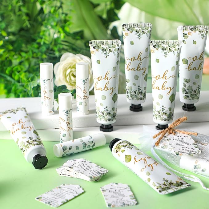 48 Sets/192 Pcs Sage Green Baby Shower Gifts for Guests Bulk Greenery Oh Baby Shower Hand Cream and Lip Balm Eucalyptus Travel Size for Girl Boy Gender Reveal Games Prizes Bridal Wedding