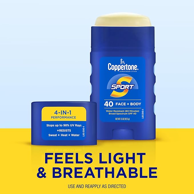 Coppertone Sport Sunscreen Stick SPF 40, Stick Sunscreen for Face and Body, Water Resistant, Travel Size, 1.5 Oz (Pack of 2)