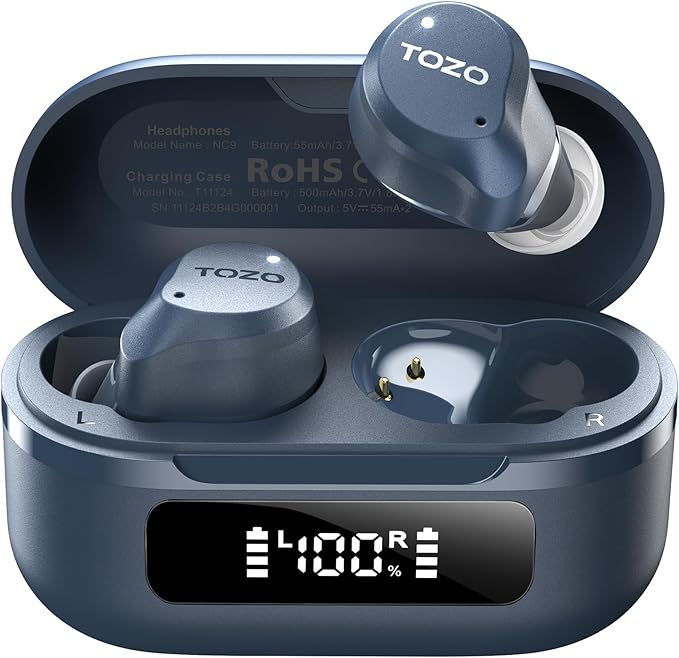 TOZO NC9 Hybrid Active Noise Cancelling Wireless Earbuds, 6 Mics ENC Clear Call, IPX8 Waterproof, in Ear Bluetooth 5.3 Headphones Stereo Bass Ear Buds 60H Playtime with LED Display 32 EQs via APP