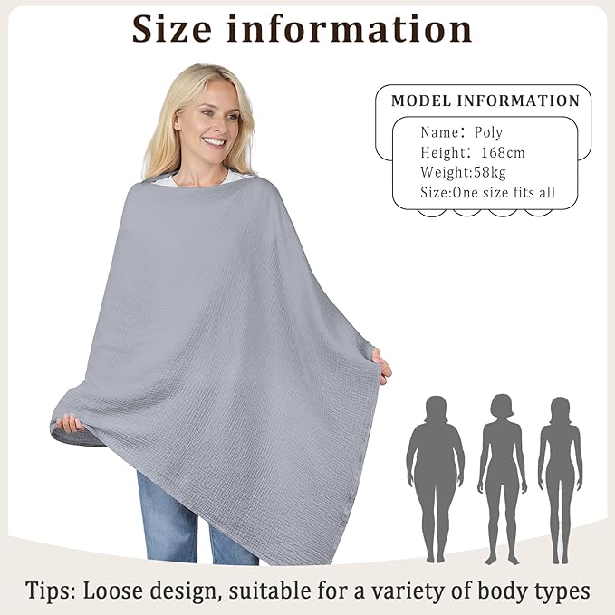 Muslin Nursing Cover Up for Breastfeeding, Soft & Breathable Cotton Breast Feeding Cover for Women, Full Privacy Breastfeeding Cover - Newborn Baby Essential, Gray