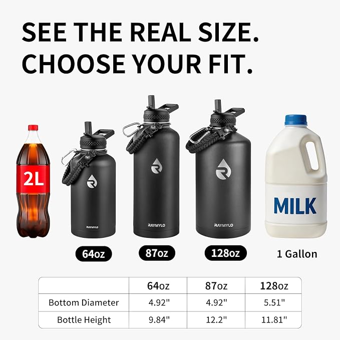 RAYMYLO Insulated Water Bottle 64 oz, Triple Wall Vacuum Stainless Steel (Cold for 48 Hrs), Leak Proof & Non-BPA, Half Gallon Water Flask Jug with Paracord Handle & Straw Spout Lids, Lilac
