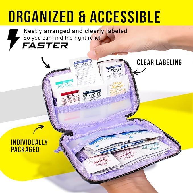 EVERLIT CARE Travel Essential Medicine First Aid Kit I Bonus Medical Supplies I TSA Compliant Mini Size Medkit for Traveling Camping Trips Individually Packed 64 Tablets (Purple)