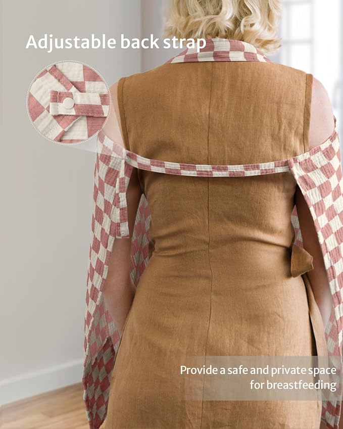 Blissful Diary Muslin Nursing Cover for Breastfeeding, Breathable Breastfeeding Cover up with Arch Neckline for Women, Nursing Apron (Dusty Pink Checkboard)