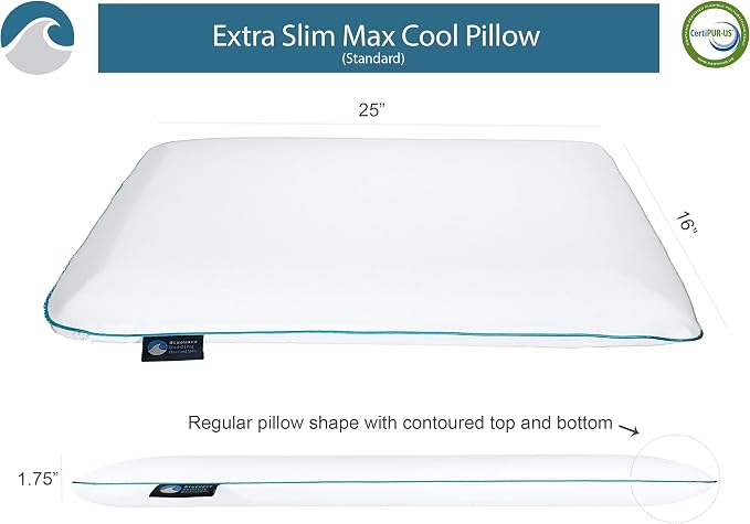 Bluewave Bedding Extra Slim Max Cool CarbonBlue Gel Memory Foam Pillow for Stomach and Back Sleepers - Thin, Flat Design with Advanced Cooling (1.75-Inch Height, Standard Size)