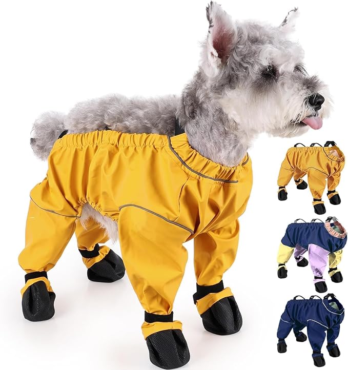 Waterproof Dog Boots Rain Boots with Suspender, Dogs Shoes Paw Protector for Small Medium Puppy, Anti-Slip Doggy Boot Belly Protector, Rain Booties Snow Booties (X-Large, Yellowe)