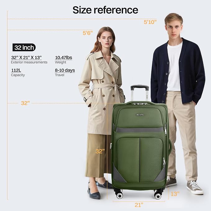 32'' Large Softside Suitcase,Expandable 15% Luggage,with Double Spinner Wheels and LOCK,Lightweight Travel Suitcase for Men/Women（Green-Grey,32in）