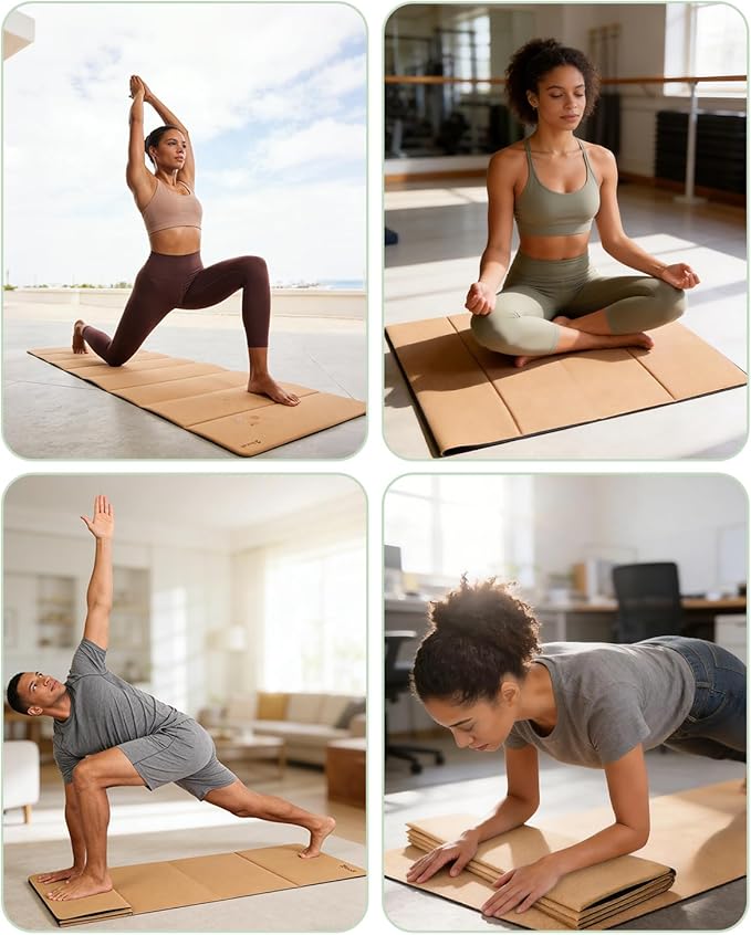 Rocalt Foldable Cork Yoga Mat, Non Slip Travel Pilates Workout Mat | 69 x 24 x 0.25 in, accordion-fold design, POE backing, carry strap for yoga, stretching and travel