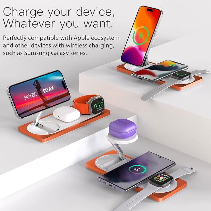 PETINO 3 in 1 Wireless Charging Station for Apple Devices with MagSafe | For iPhone 17/Air/16/15/14/13/12, AirPods & Apple Watch, Foldable Portable Aluminum Charging Stand, Adapter Included