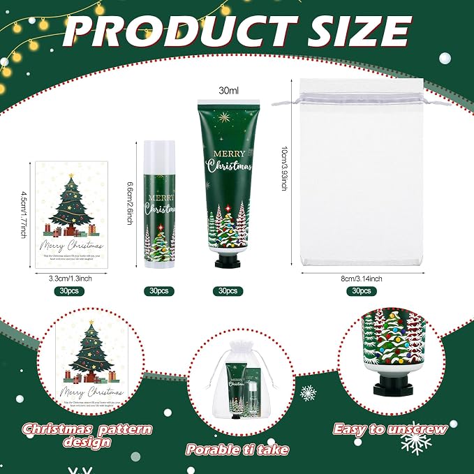 30 Sets Christmas Hand Cream and Lip Balm Bulk Mini Travel Size Hand Lotion and Moisturizing Lip Balm for Christmas Stocking Stuffers Holiday Gifts Xmas Party Favors