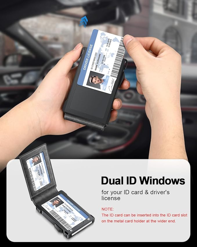 Wallet for Men RFID Wallet with 2 ID Windows & Money Clip, Slim Pop Up Card Holder for 10-12 Cards, Bifold Minimalist Smart Wallet for Front Pocket, Compact Metal Credit Card Holder, Gifts for Men