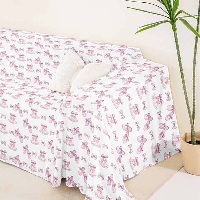 Girls Bow Couch Cover for Pets,Ribbon Bowknot Ballet Skirt Couch Covers for 2 Cushion Couch Sofa,Ballerina Toe Shoe Sofa Slipcover Kawaii Little Ballet Princess Throw Couch for Dogs,Kids,71" x 118"