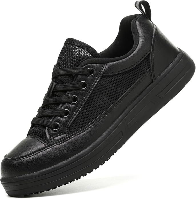 Treesky Black Slip On Non Slip Work Shoes for Women, Faux Leather Sneakers | Slip resistant soles, water resistant faux leather, wipe clean, EVA cushioning, no-tie slip-on, for kitchen & food service