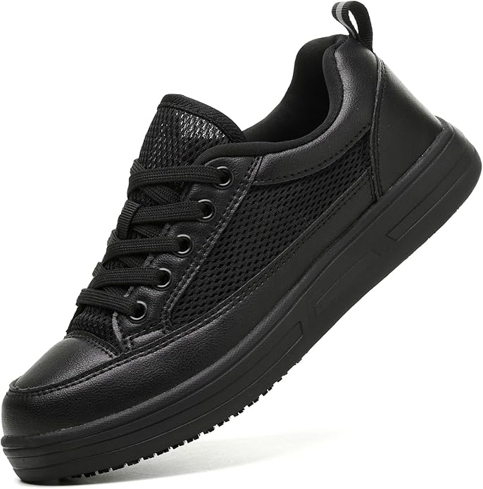 Treesky Black Slip On Non Slip Work Shoes for Women, Faux Leather Sneakers | Slip resistant soles, water resistant faux leather, wipe clean, EVA cushioning, no-tie slip-on, for kitchen & food service
