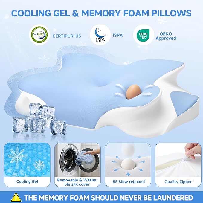 2026 New Cooling Memory Foam Pillow with Ice Silk Cover, Ergonomic Cervical Neck Support Pillow for Pain Relief, Nature Cooling Gel Pillow for Hot Sleepers Night Sweats, Side Sleeper Pillow (Blue)