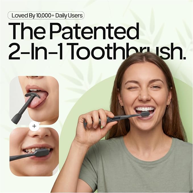 Tokii Tongue Scraper & Tongue Cleaner for Adults, 2-in-1 Toothbrush with Sliding Tongue Scraper, Charcoal Ultra Soft Bristles, Ayurvedic-Inspired, Includes Travel Toothbrush, Stand & Waterproof Pouch