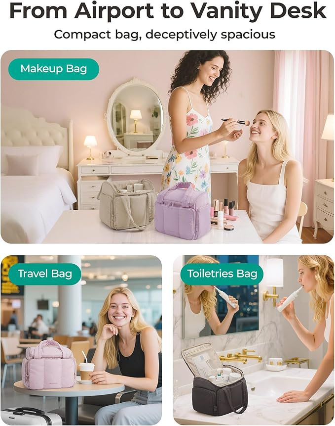 BAGSMART Puffy Travel Toiletry Bag, Roomy Makeup Bag with Multi-Pockets for Full-Sized Toiletries & Accessories, Purple