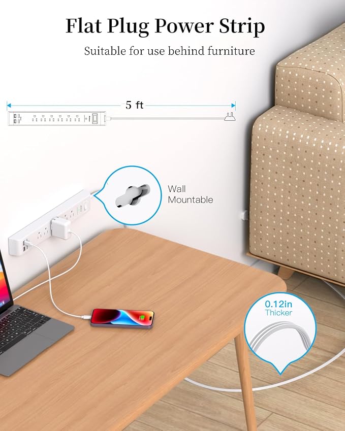 2 Pack Extension Cord 15FT, Power Strip Surge Protector with 6 Outlets and 4 USB Ports (2 USB C), Flat Plug Overload Protection, Extension Cord with Multiple Outlets, Wall Mount for Home Dorm College