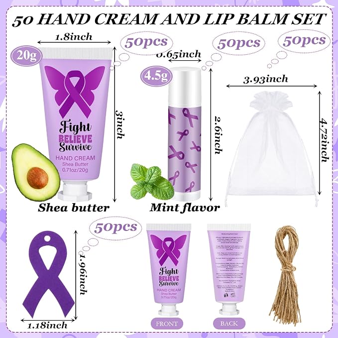 50 Set Purple Ribbon Awareness Gifts Bulk Woman Purple Ribbon 50 Lip Balm 50 Hand Cream 50 Bag 50 Tag for Domestic Violence Awareness Lupus Epilepsy Pancreatic Cancer Party