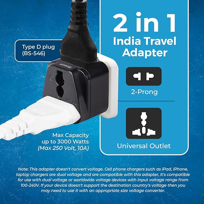 OREI UK, China, US to India Adapter - Type D Travel Adapter Plug - 2 in 1 Travel Adapter India - Compatible with India, Nepal, Pakistan - CE Certified - RoHS Compliant - 2 Pack - Black Color