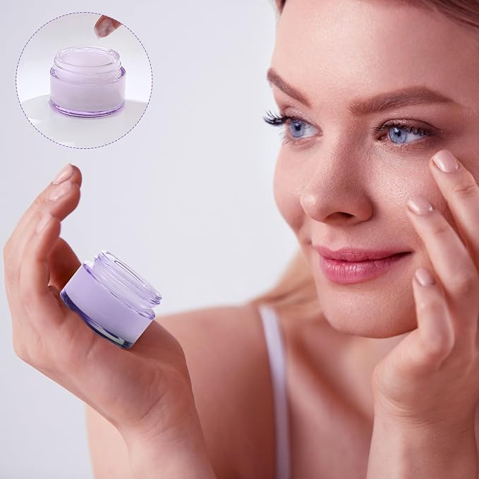 Domensi 60 Pcs 1oz Glass Jars with Lids Bulk Small Glass Salve Tins Cream Container Cosmetic Jars for Travel Balm with Inner Liners for Sample Cream (Light Purple,White Lids,Plastic Lid)