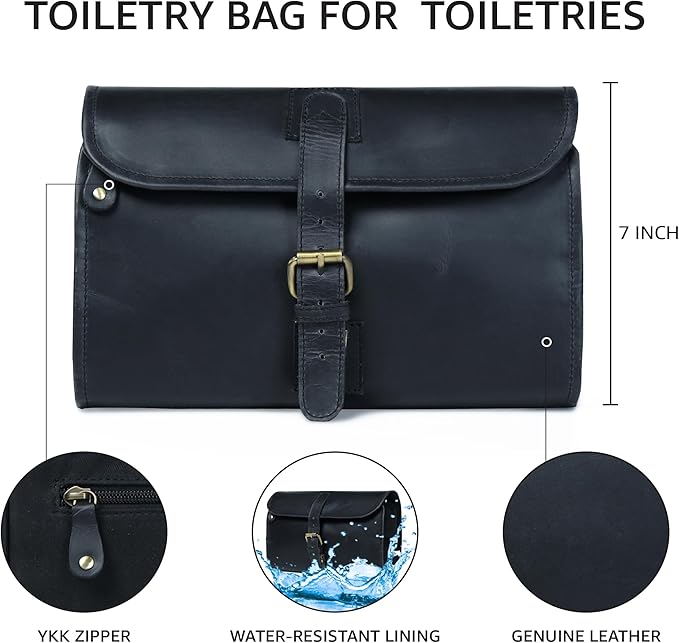LEATHER VILLAGE Hanging Genuine Leather Toiletry Bag for Men & Women with Waterproof Lining – Handcrafted Vintage Travel Dopp Kit, Shaving Organizer & Shower Bathroom Essentials Case - Black