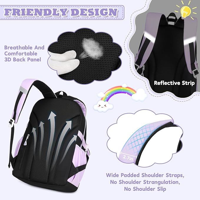 MUSEVOS Girls Backpack, Ideal School Backpack for Girls from Elementary to Teen Years, Kawaii Bookbag Cute Large Capacity (BLACK&PURPLE)
