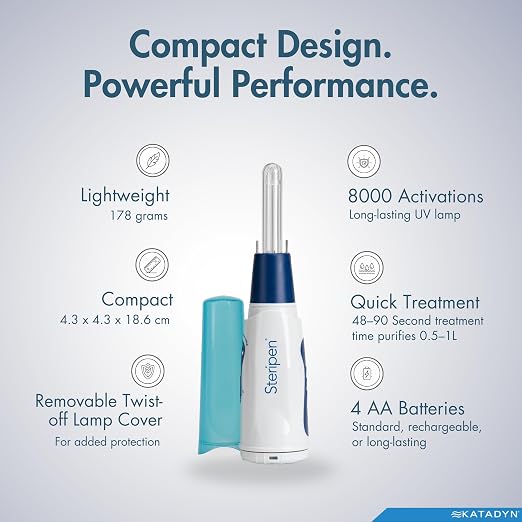 SteriPen Classic 3 UV Water Purifier for Camping, Hiking, Travel & Emergency Preparedness - AA Battery Powered, Purifies 1L in 90 Seconds, 8,000-Treatment Lamp